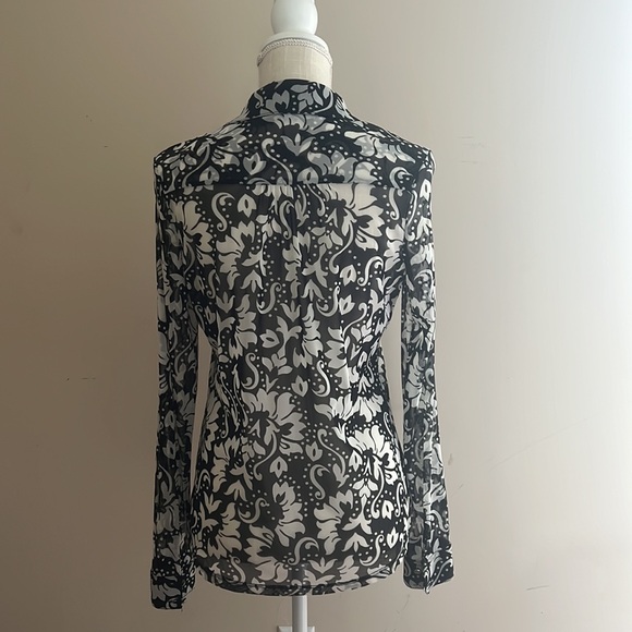 INC International Concept Sheen Black & White Button Down Long Sleeve Blouse - Picture 2 of 6